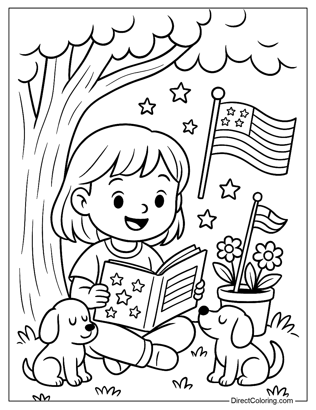 Coloring page of a child sitting under a tree reading a book about the American flag, next to a small dog and a flag in a flower pot.